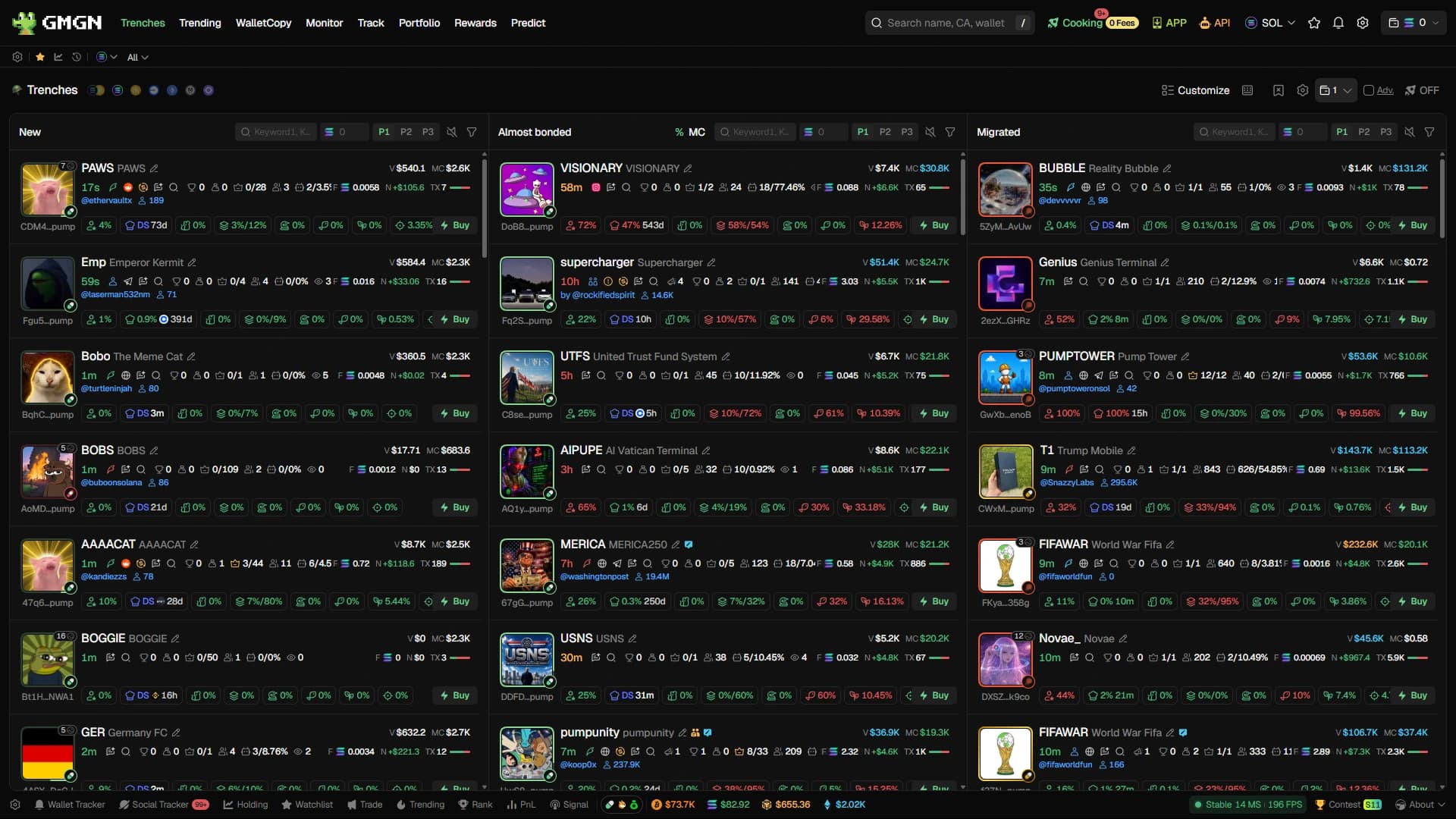 GMGN Trenches page with New, Almost bonded, and Migrated token discovery columns