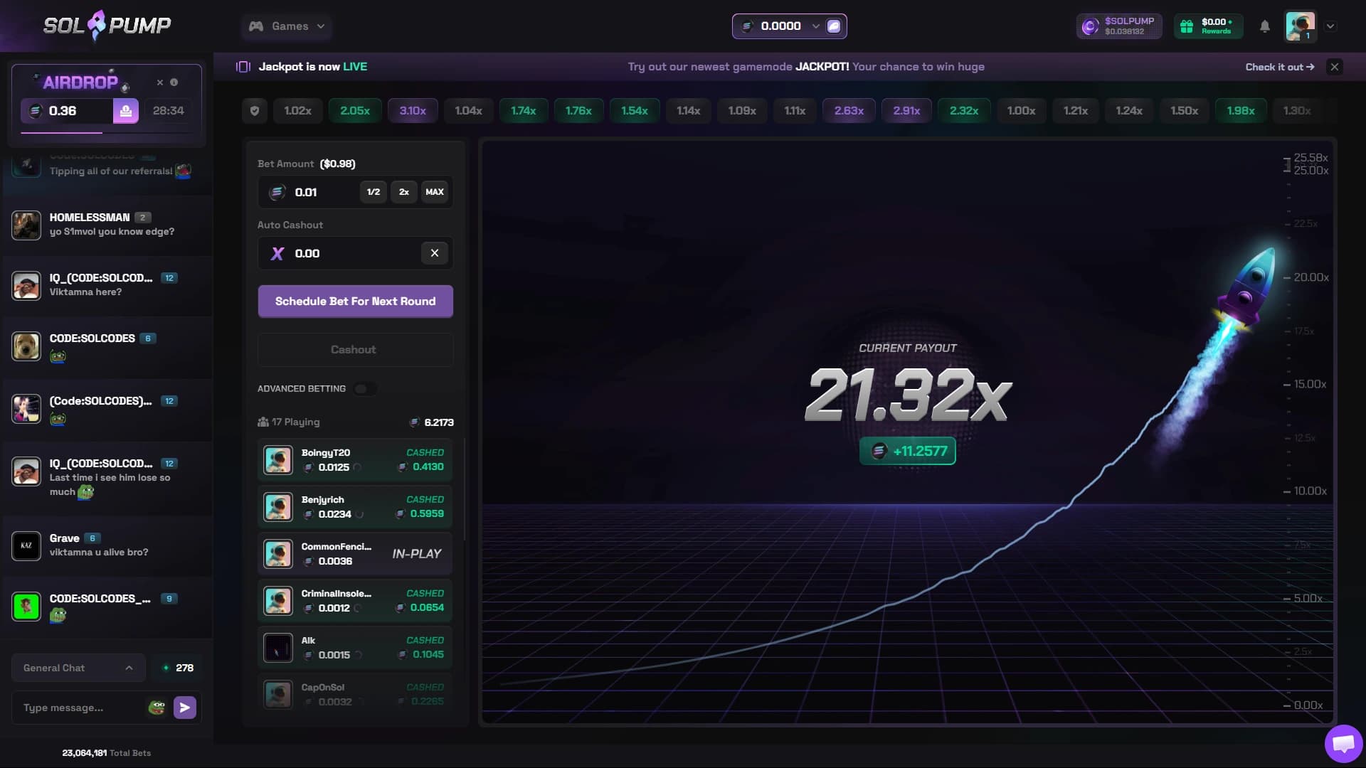 Solpump Crash screen showing the betting panel, current payout, live bets, chat, and airdrop