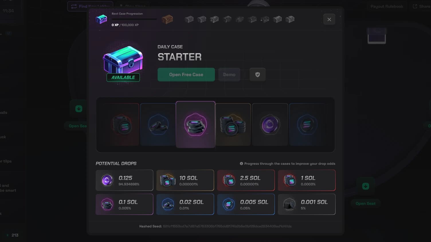 Solpump Daily Case screen showing the Starter case, Open Free Case button, progress bar, potential drops, and drop odds