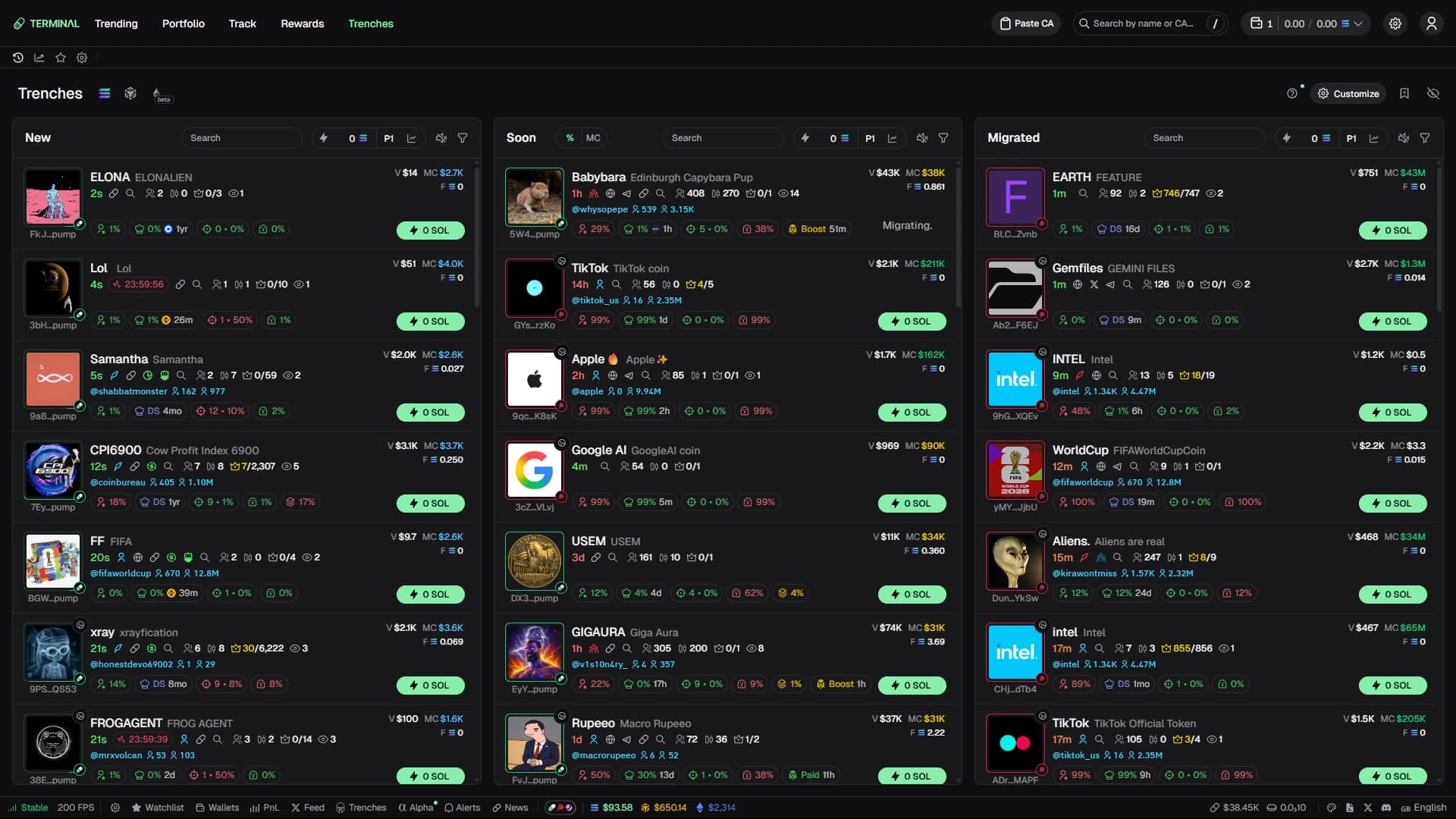 Terminal Trenches discovery feed showing Solana memecoins in New, Soon, and Migrated columns with key token metrics, filters, and quick buy controls